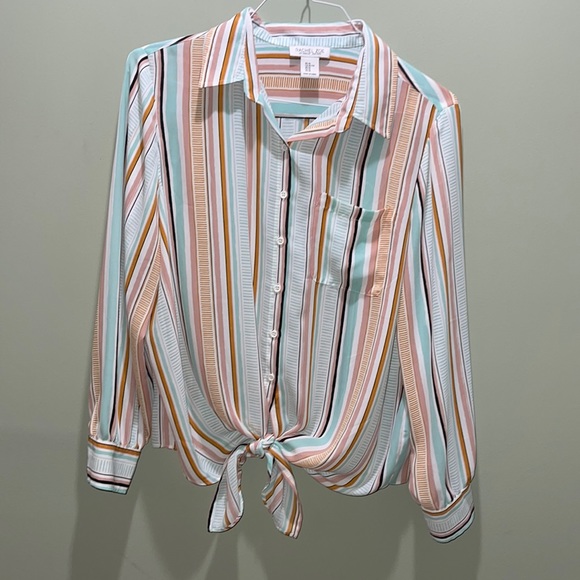 Pastel Stripped Button Up Long Sleeve Blouse , Rachel Zoe, XL - Picture 1 of 3